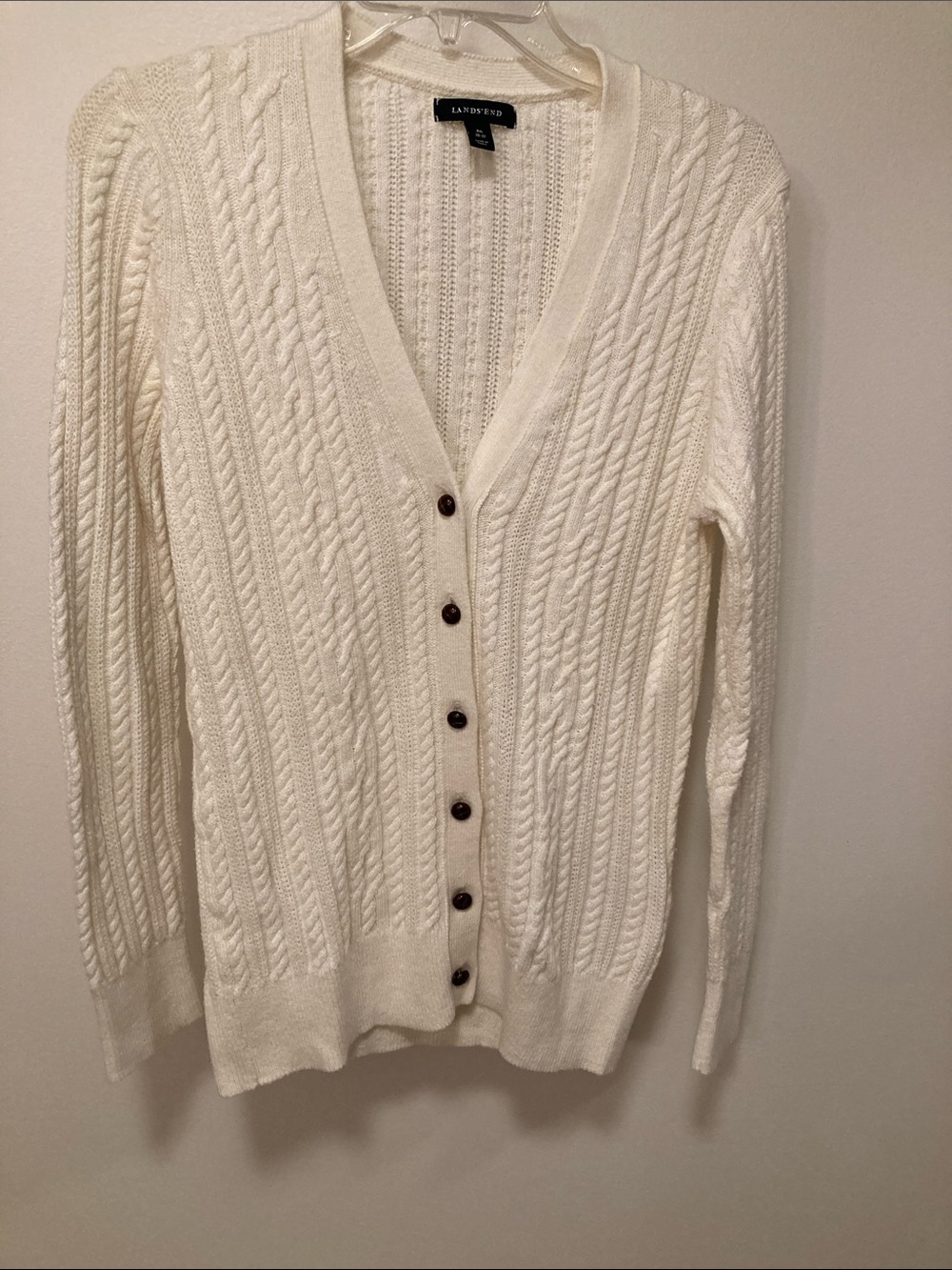 Lands' End Ivory Cable-Knit Button Cardigan